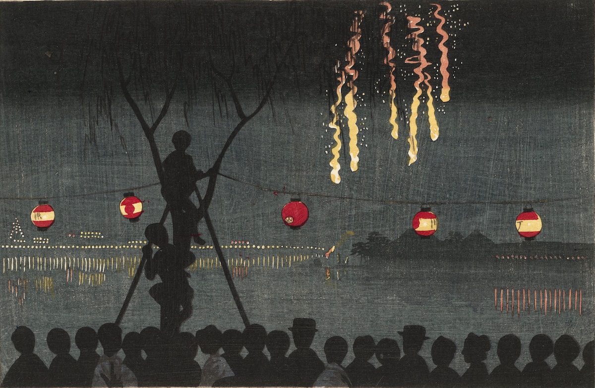 Block print of crowd watching fireworks